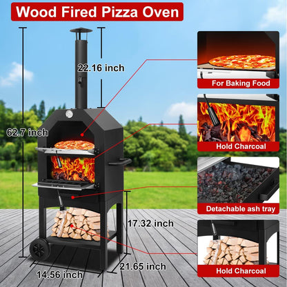 EDOSTORY Outdoor Pizza Oven, Wood Fired Pizza Oven for Outside, Patio Pizza Maker with Pizza Stone, Pizza Peel, Grill Rack, and Waterproof Cover for Backyard Camping - CookCave