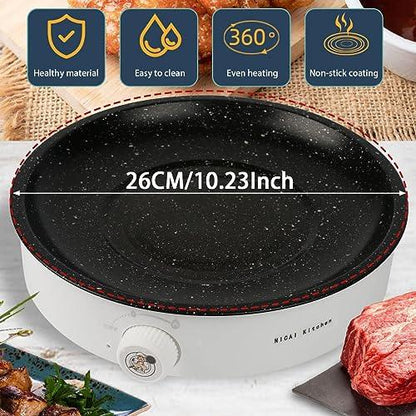 Electric BBQ Grill,Smokeless Indoor Coated Griddle Pan,10 Inch Round Nonstick Plate Portable, Medical Stone Coating Easy Cleaning,Grilling Surface Perfect for Cooking BBQ and Party Barbecue - CookCave