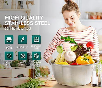 Enther Mixing Bowls - Set of 3 Stainless Steel Mixing Bowls with 304 Stainless Steel - Heavy Duty, Easy To Clean, Nesting Bowls Space Saving Storage, Great for Cooking, Baking, Salad,Silver - CookCave