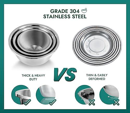 Enther Mixing Bowls - Set of 3 Stainless Steel Mixing Bowls with 304 Stainless Steel - Heavy Duty, Easy To Clean, Nesting Bowls Space Saving Storage, Great for Cooking, Baking, Salad,Silver - CookCave