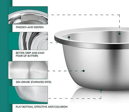 Enther Mixing Bowls - Set of 3 Stainless Steel Mixing Bowls with 304 Stainless Steel - Heavy Duty, Easy To Clean, Nesting Bowls Space Saving Storage, Great for Cooking, Baking, Salad,Silver - CookCave