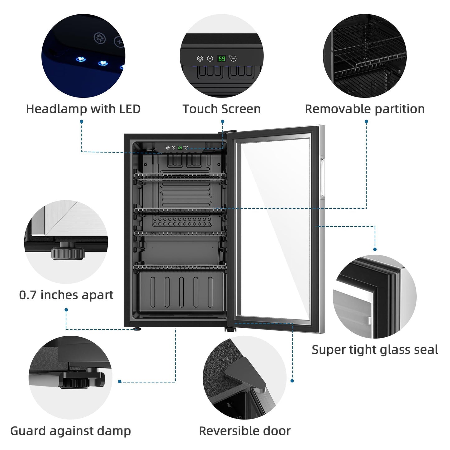 Erivess Compact Freestanding Beverage Refrigerator,126 Can Mini Fridge with Glass Front Door for Soda, Beer, or Wine, Under Counter Drink Dispenser with Adjustable Shelves and Digital Display - CookCave
