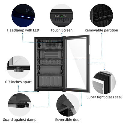 Erivess Compact Freestanding Beverage Refrigerator,126 Can Mini Fridge with Glass Front Door for Soda, Beer, or Wine, Under Counter Drink Dispenser with Adjustable Shelves and Digital Display - CookCave
