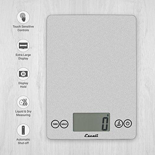 Escali Arti Glass Food Scale Digital Countertop Kitchen, Baking and Cooking Scale with Nutrition and Calorie Counter, 15-Pound Capacity, 9" x 6.5" x .75", Shiny Silver - CookCave