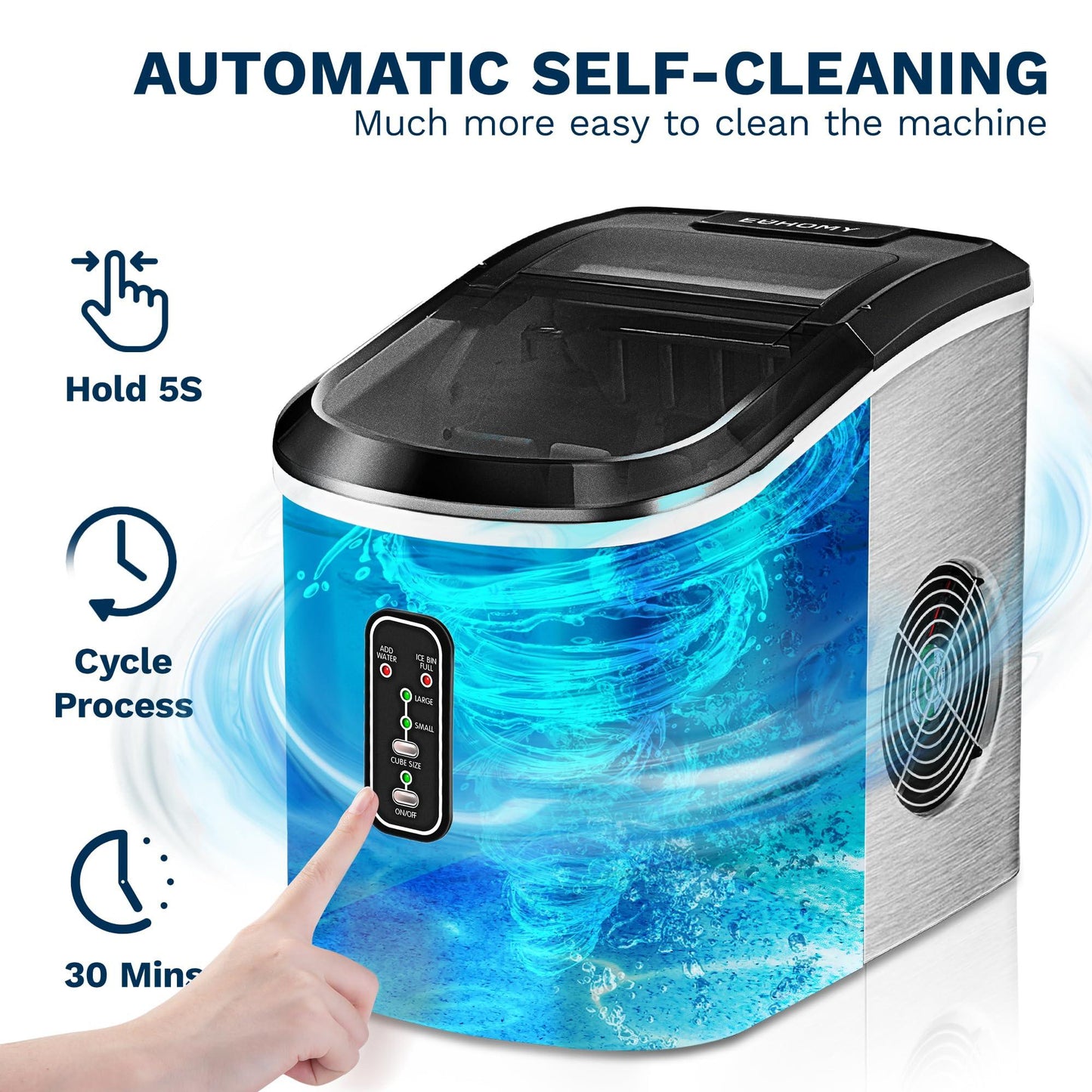 EUHOMY Ice Maker Countertop Machine - 26 lbs in 24 Hours, 9 Cubes Ready in 8 Mins, Electric ice maker and Compact potable ice maker with Ice Scoop and Basket. Perfect for Home/Kitchen/Office.(Sliver) - CookCave