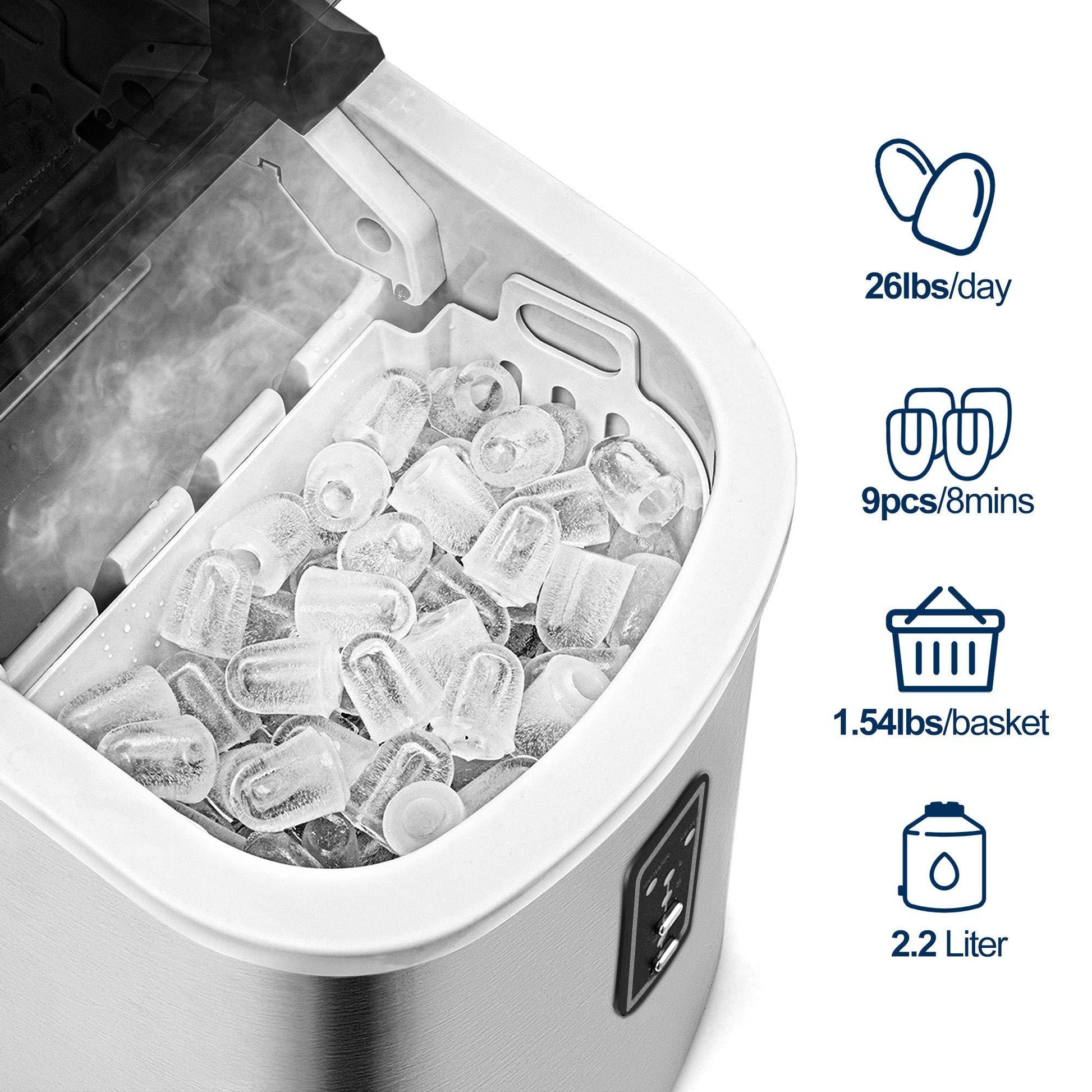EUHOMY Ice Maker Countertop Machine - 26 lbs in 24 Hours, 9 Cubes Ready in 8 Mins, Electric ice maker and Compact potable ice maker with Ice Scoop and Basket. Perfect for Home/Kitchen/Office.(Sliver) - CookCave