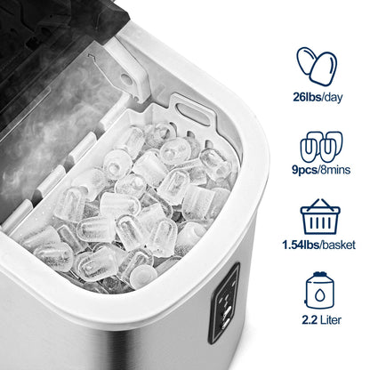 EUHOMY Ice Maker Countertop Machine - 26 lbs in 24 Hours, 9 Cubes Ready in 8 Mins, Electric ice maker and Compact potable ice maker with Ice Scoop and Basket. Perfect for Home/Kitchen/Office.(Sliver) - CookCave