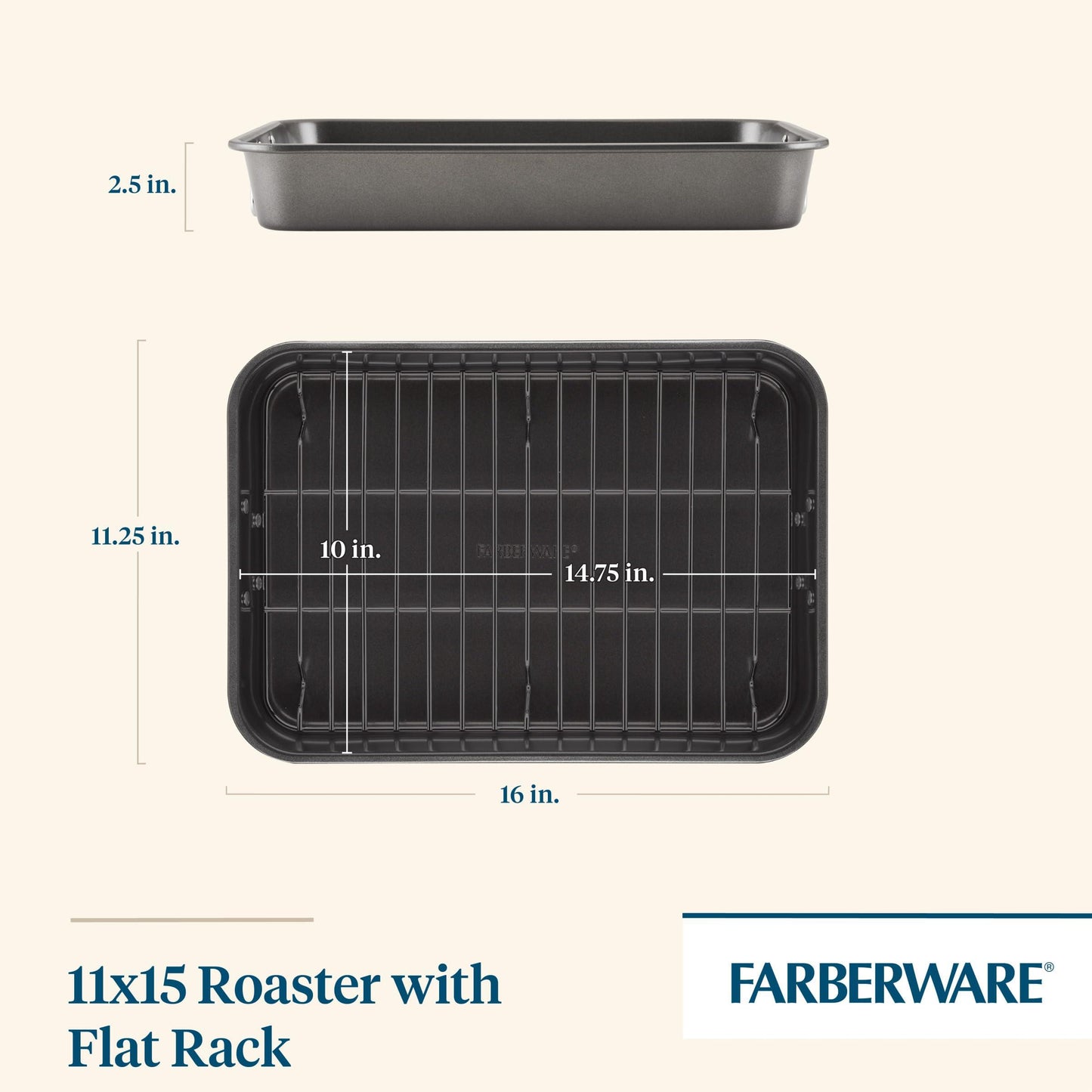 Farberware Bakeware Nonstick Steel Roaster with Flat Rack, 11-Inch x 15-Inch, Gray - CookCave
