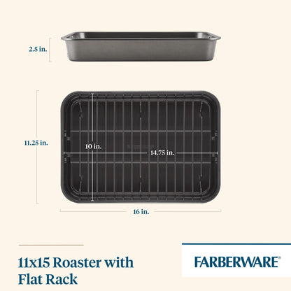 Farberware Bakeware Nonstick Steel Roaster with Flat Rack, 11-Inch x 15-Inch, Gray - CookCave
