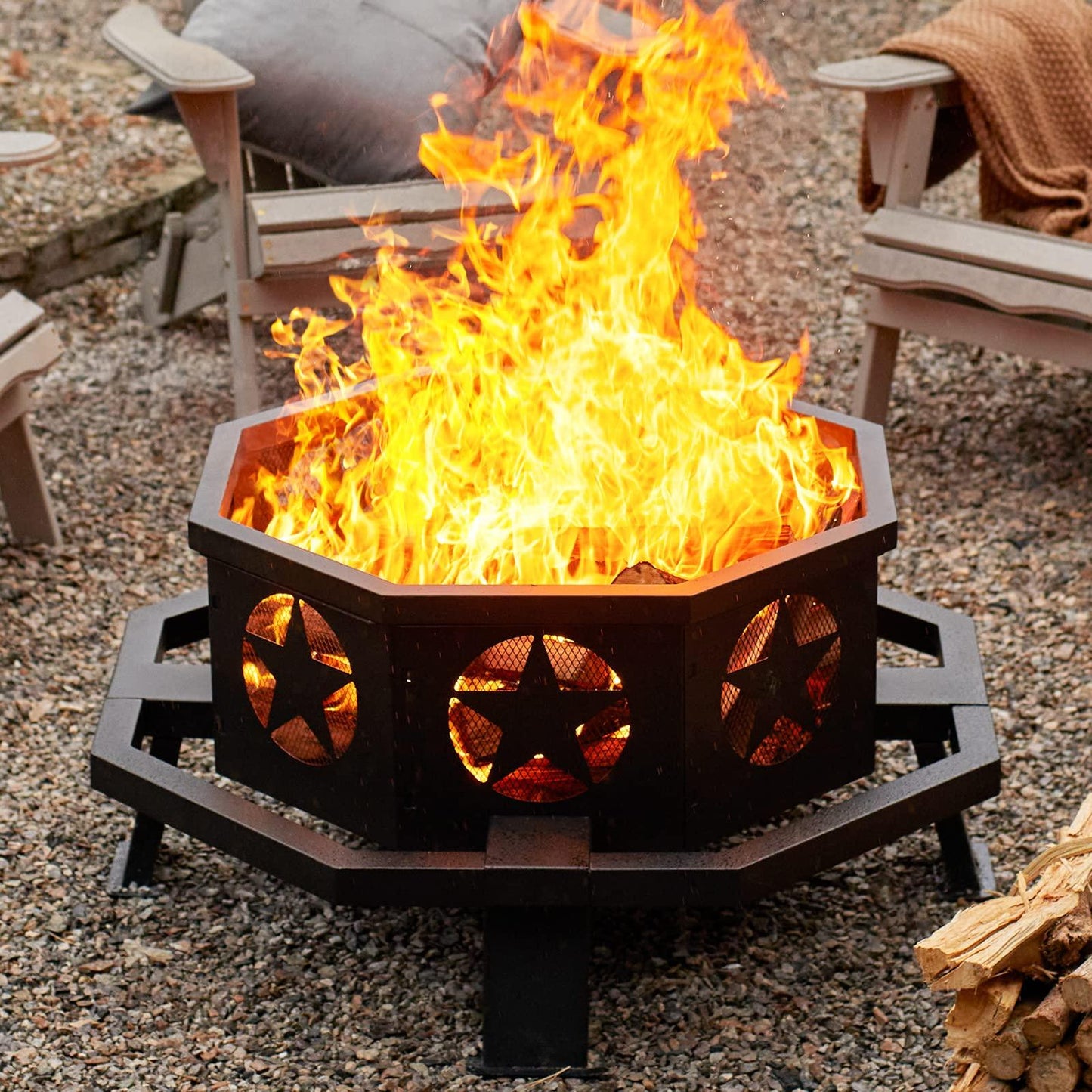 fissfire 35 inch Fire Pit, Outdoor Wood Burning Fire Pit Octagonal Heavy Duty Firepit for Camping, Backyard, Patio, Black - CookCave