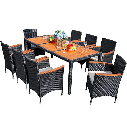 Flamaker 9 Piece Patio Dining Set Outdoor Acacia Wood Table and Chairs with Soft Cushions Wicker Patio Furniture for Deck, Backyard, Garden - CookCave