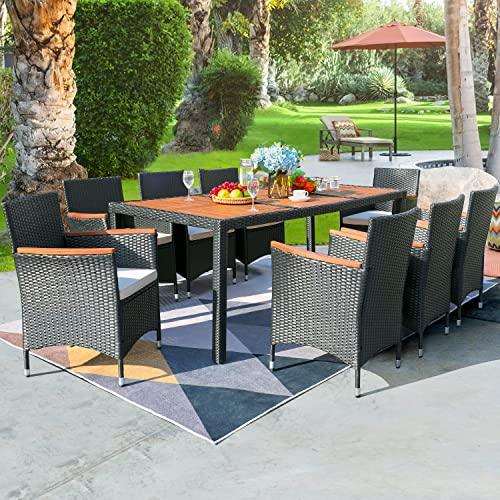 Flamaker 9 Piece Patio Dining Set Outdoor Acacia Wood Table and Chairs with Soft Cushions Wicker Patio Furniture for Deck, Backyard, Garden - CookCave