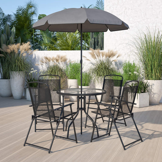 Flash Furniture Nantucket 6-Piece Patio Dining Set with Glass Table, 4 Folding Chairs, and Umbrella, Outdoor Patio Table, Chairs, and Umbrella Set, Black - CookCave