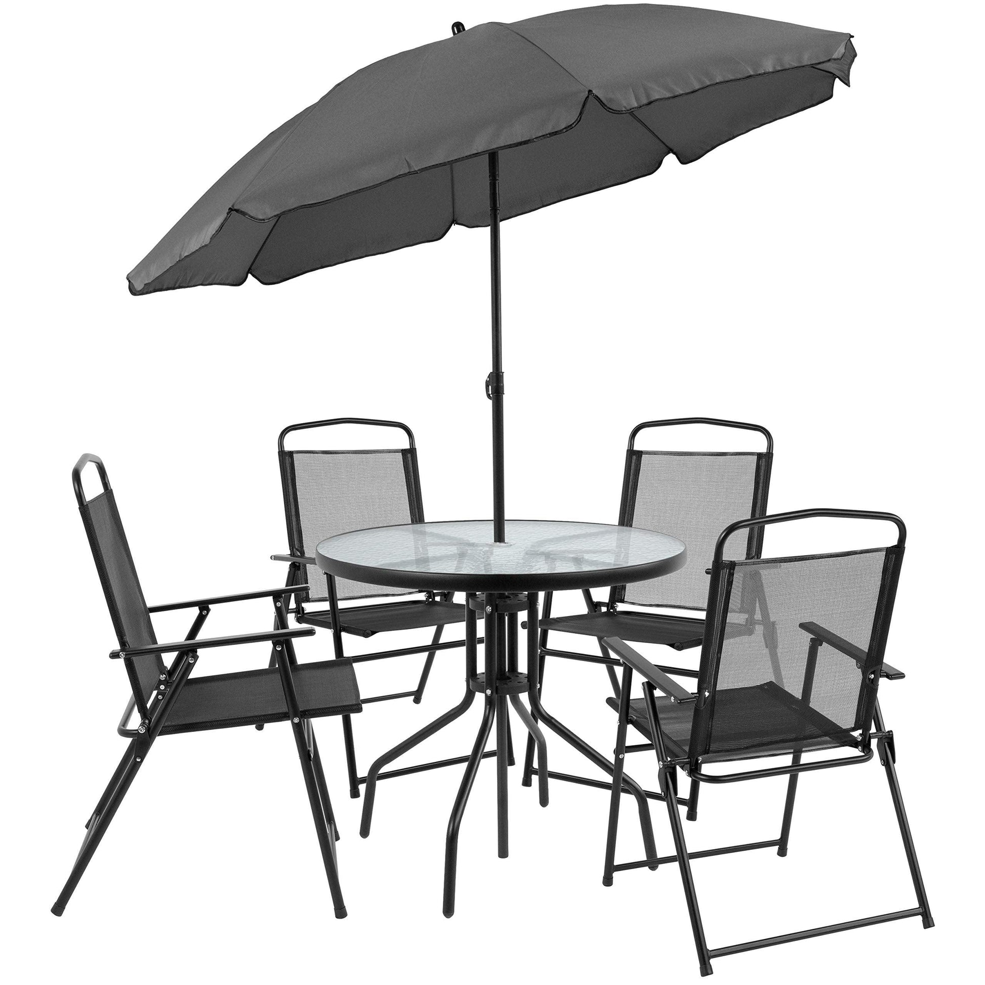 Flash Furniture Nantucket 6-Piece Patio Dining Set with Glass Table, 4 Folding Chairs, and Umbrella, Outdoor Patio Table, Chairs, and Umbrella Set, Black - CookCave