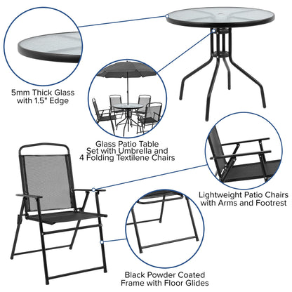 Flash Furniture Nantucket 6-Piece Patio Dining Set with Glass Table, 4 Folding Chairs, and Umbrella, Outdoor Patio Table, Chairs, and Umbrella Set, Black - CookCave