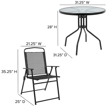 Flash Furniture Nantucket 6-Piece Patio Dining Set with Glass Table, 4 Folding Chairs, and Umbrella, Outdoor Patio Table, Chairs, and Umbrella Set, Black - CookCave