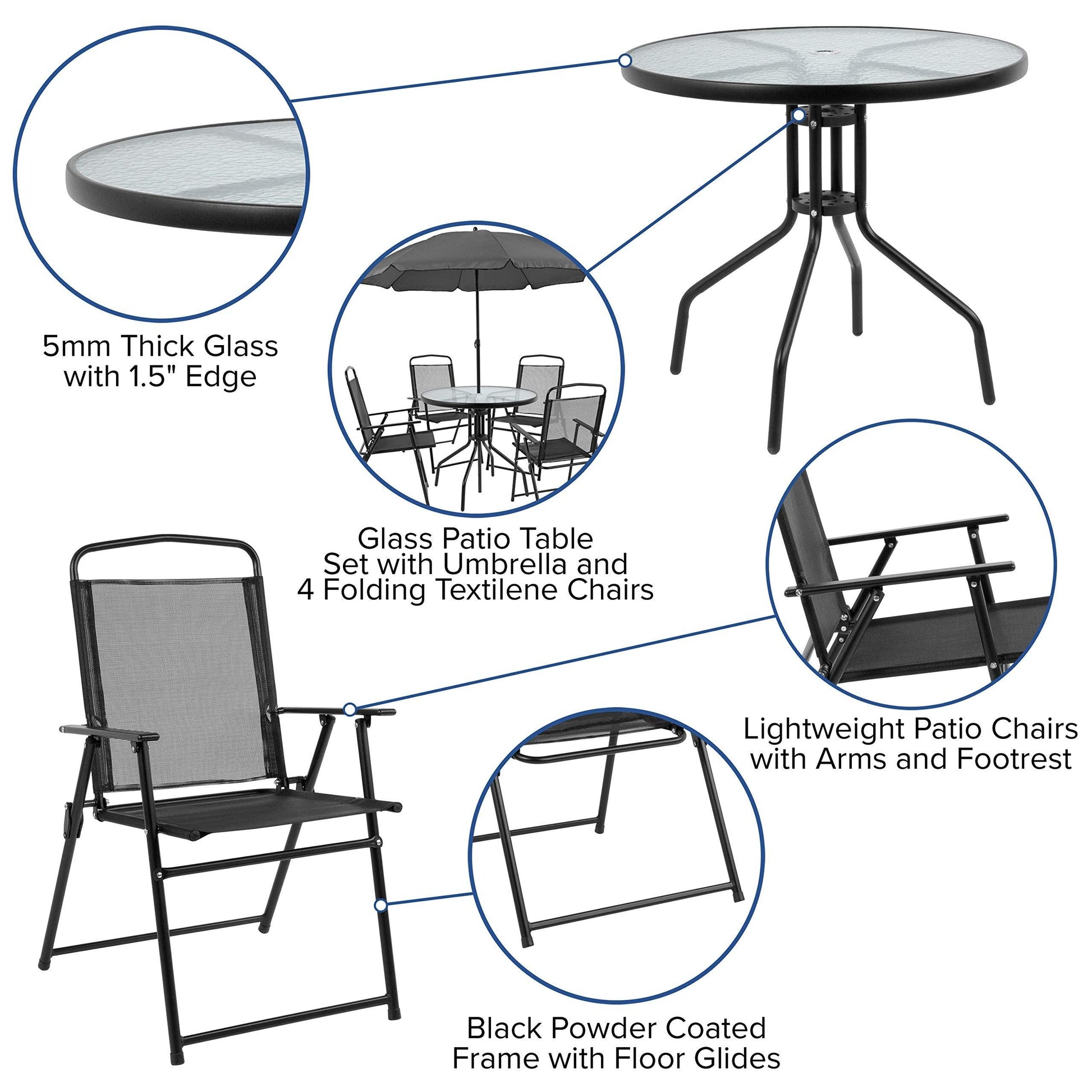 Flash Furniture Nantucket 6-Piece Patio Dining Set with Glass Table, 4 Folding Chairs, and Umbrella, Outdoor Patio Table, Chairs, and Umbrella Set, Black - CookCave