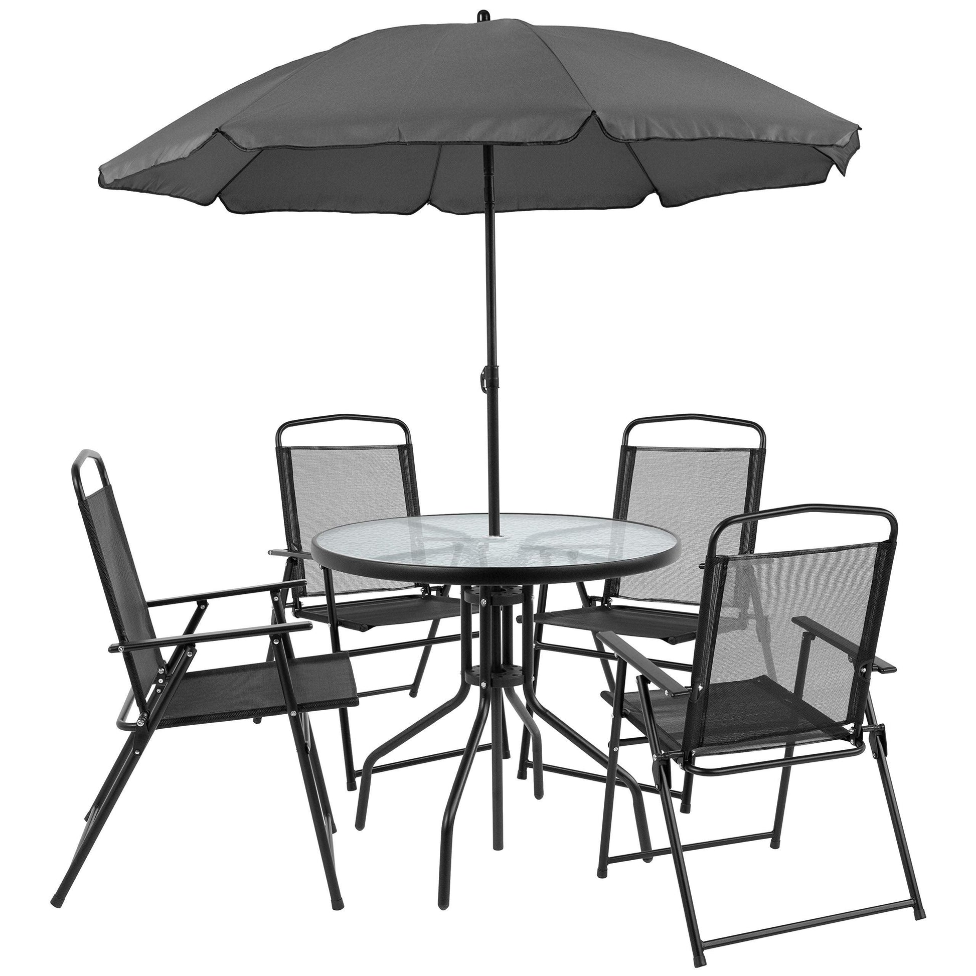 Flash Furniture Nantucket 6-Piece Patio Dining Set with Glass Table, 4 Folding Chairs, and Umbrella, Outdoor Patio Table, Chairs, and Umbrella Set, Black - CookCave