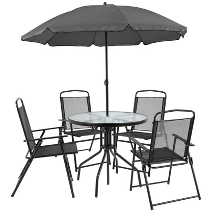 Flash Furniture Nantucket 6-Piece Patio Dining Set with Glass Table, 4 Folding Chairs, and Umbrella, Outdoor Patio Table, Chairs, and Umbrella Set, Black - CookCave