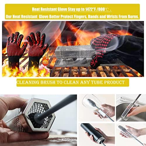 FMOON Upgraded Pellet Smoker Tube With Cold/Hot Smoking Place Platforms ,12" Wood Pellet Tube Smoker With Heat Resistant Glove and 2 Hooks and 1 Brush and 1 Smoke Tube Cover - CookCave