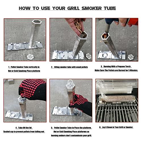 FMOON Upgraded Pellet Smoker Tube With Cold/Hot Smoking Place Platforms ,12" Wood Pellet Tube Smoker With Heat Resistant Glove and 2 Hooks and 1 Brush and 1 Smoke Tube Cover - CookCave