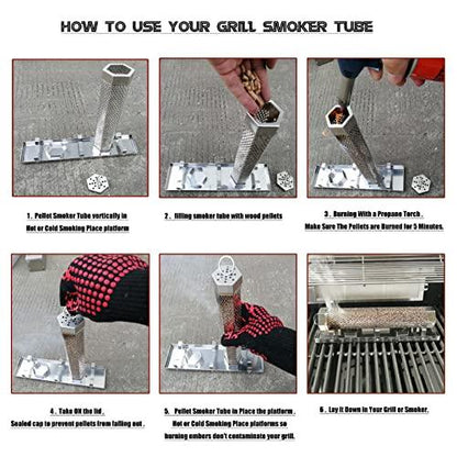 FMOON Upgraded Pellet Smoker Tube With Cold/Hot Smoking Place Platforms ,12" Wood Pellet Tube Smoker With Heat Resistant Glove and 2 Hooks and 1 Brush and 1 Smoke Tube Cover - CookCave