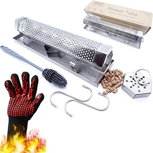 FMOON Upgraded Pellet Smoker Tube With Cold/Hot Smoking Place Platforms ,12" Wood Pellet Tube Smoker With Heat Resistant Glove and 2 Hooks and 1 Brush and 1 Smoke Tube Cover - CookCave