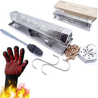 FMOON Upgraded Pellet Smoker Tube With Cold/Hot Smoking Place Platforms ,12" Wood Pellet Tube Smoker With Heat Resistant Glove and 2 Hooks and 1 Brush and 1 Smoke Tube Cover - CookCave
