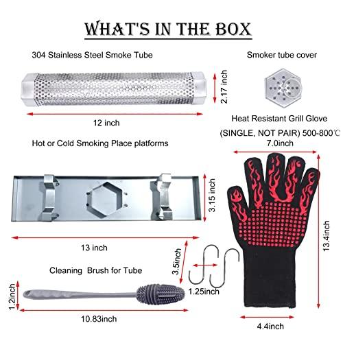 FMOON Upgraded Pellet Smoker Tube With Cold/Hot Smoking Place Platforms ,12" Wood Pellet Tube Smoker With Heat Resistant Glove and 2 Hooks and 1 Brush and 1 Smoke Tube Cover - CookCave