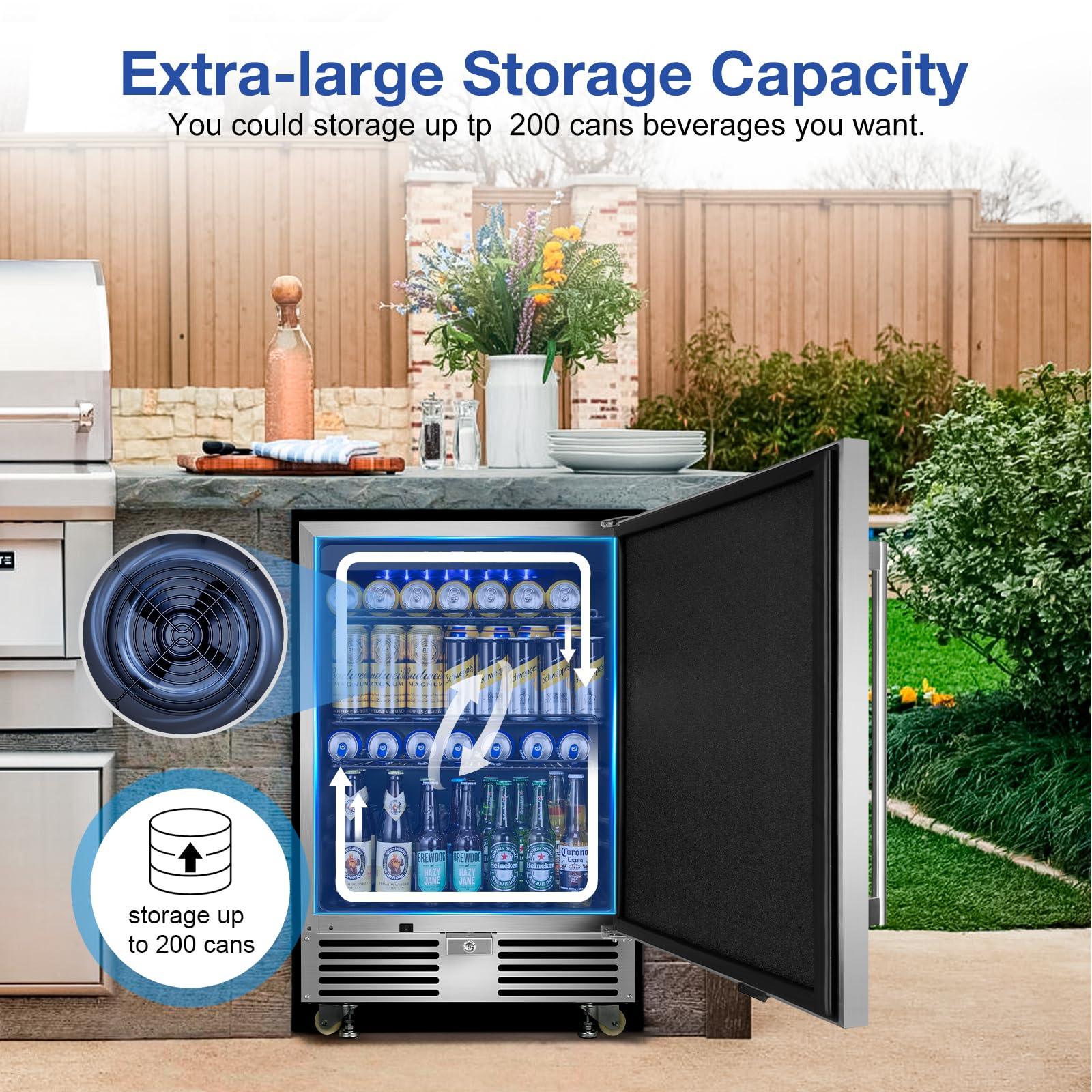 FoMup 24 Inch Outdoor Refrigerator Lockable, Undercounter Refrigerator Fridge with Wheels, 180 Cans Durable and Waterproof Freezer for Outdoor Kitchen and Patio - CookCave