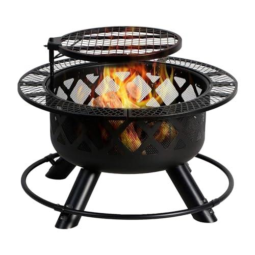 Four Seasons Courtyard Wood Burning Outdoor Fire Pit 24 Inch Backyard Patio Fireplace with Removable 360 Degree Swivel Cooking Grill and Log Rack - CookCave