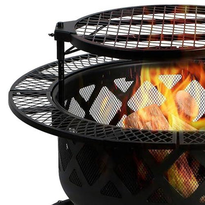 Four Seasons Courtyard Wood Burning Outdoor Fire Pit 24 Inch Backyard Patio Fireplace with Removable 360 Degree Swivel Cooking Grill and Log Rack - CookCave