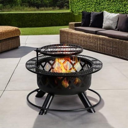 Four Seasons Courtyard Wood Burning Outdoor Fire Pit 24 Inch Backyard Patio Fireplace with Removable 360 Degree Swivel Cooking Grill and Log Rack - CookCave