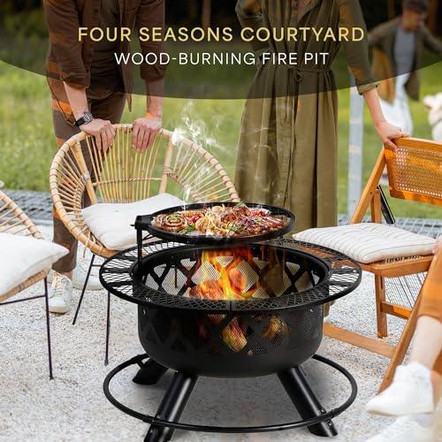 Four Seasons Courtyard Wood Burning Outdoor Fire Pit 24 Inch Backyard Patio Fireplace with Removable 360 Degree Swivel Cooking Grill and Log Rack - CookCave