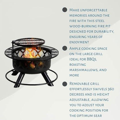 Four Seasons Courtyard Wood Burning Outdoor Fire Pit 24 Inch Backyard Patio Fireplace with Removable 360 Degree Swivel Cooking Grill and Log Rack - CookCave