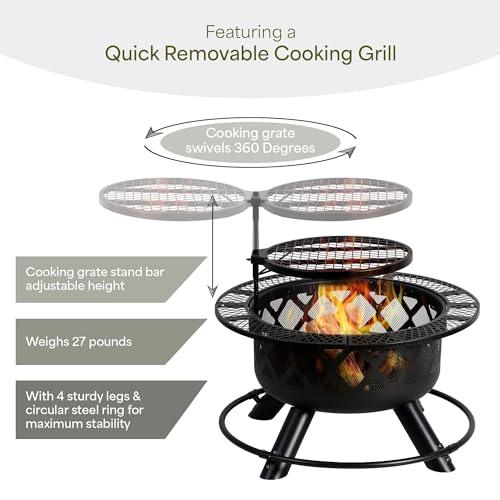 Four Seasons Courtyard Wood Burning Outdoor Fire Pit 24 Inch Backyard Patio Fireplace with Removable 360 Degree Swivel Cooking Grill and Log Rack - CookCave