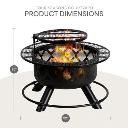 Four Seasons Courtyard Wood Burning Outdoor Fire Pit 24 Inch Backyard Patio Fireplace with Removable 360 Degree Swivel Cooking Grill and Log Rack - CookCave