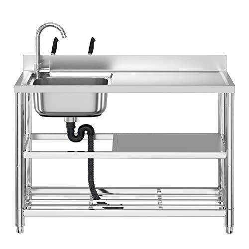 Free Standing Stainless-Steel Single Bowl Commercial Restaurant Kitchen Sink Set w/Faucet & Drainboard, Prep & Utility Washing Hand Basin w/Workbench & Double Storage Shelves Indoor Outdoor (47in) - CookCave