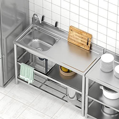 Free Standing Stainless-Steel Single Bowl Commercial Restaurant Kitchen Sink Set w/Faucet & Drainboard, Prep & Utility Washing Hand Basin w/Workbench & Double Storage Shelves Indoor Outdoor (47in) - CookCave