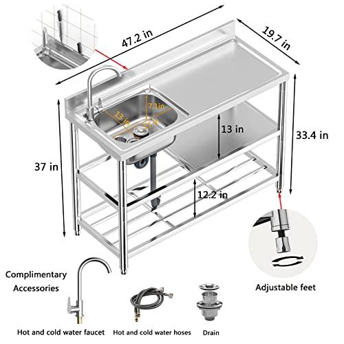 Free Standing Stainless-Steel Single Bowl Commercial Restaurant Kitchen Sink Set w/Faucet & Drainboard, Prep & Utility Washing Hand Basin w/Workbench & Double Storage Shelves Indoor Outdoor (47in) - CookCave