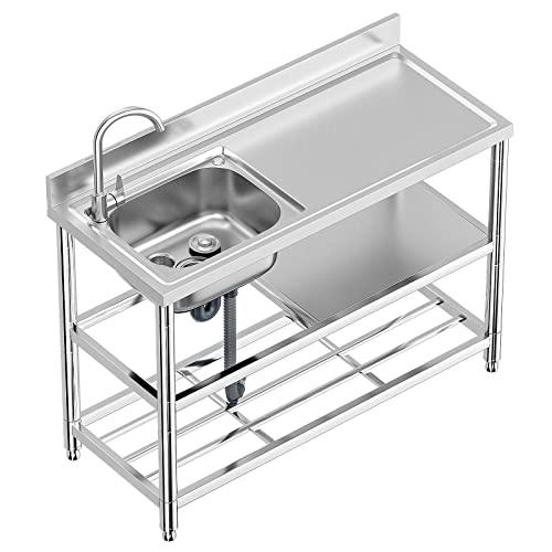 Free Standing Stainless-Steel Single Bowl Commercial Restaurant Kitchen Sink Set w/Faucet & Drainboard, Prep & Utility Washing Hand Basin w/Workbench & Double Storage Shelves Indoor Outdoor (47in) - CookCave