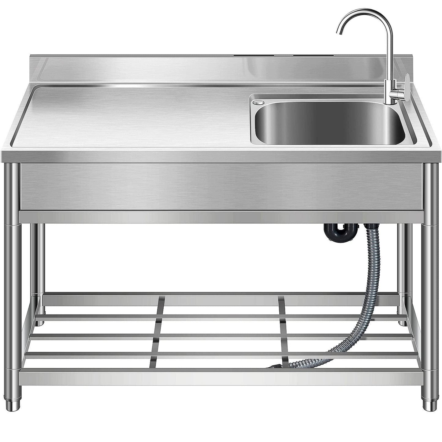 Free Standing Stainless-Steel Single Bowl, Commercial Restaurant Kitchen Sink Set w/Faucet & Drainboard, Prep & Utility Washing Hand Basin w/Workbench & Storage Shelves Indoor Outdoor (47in) - CookCave