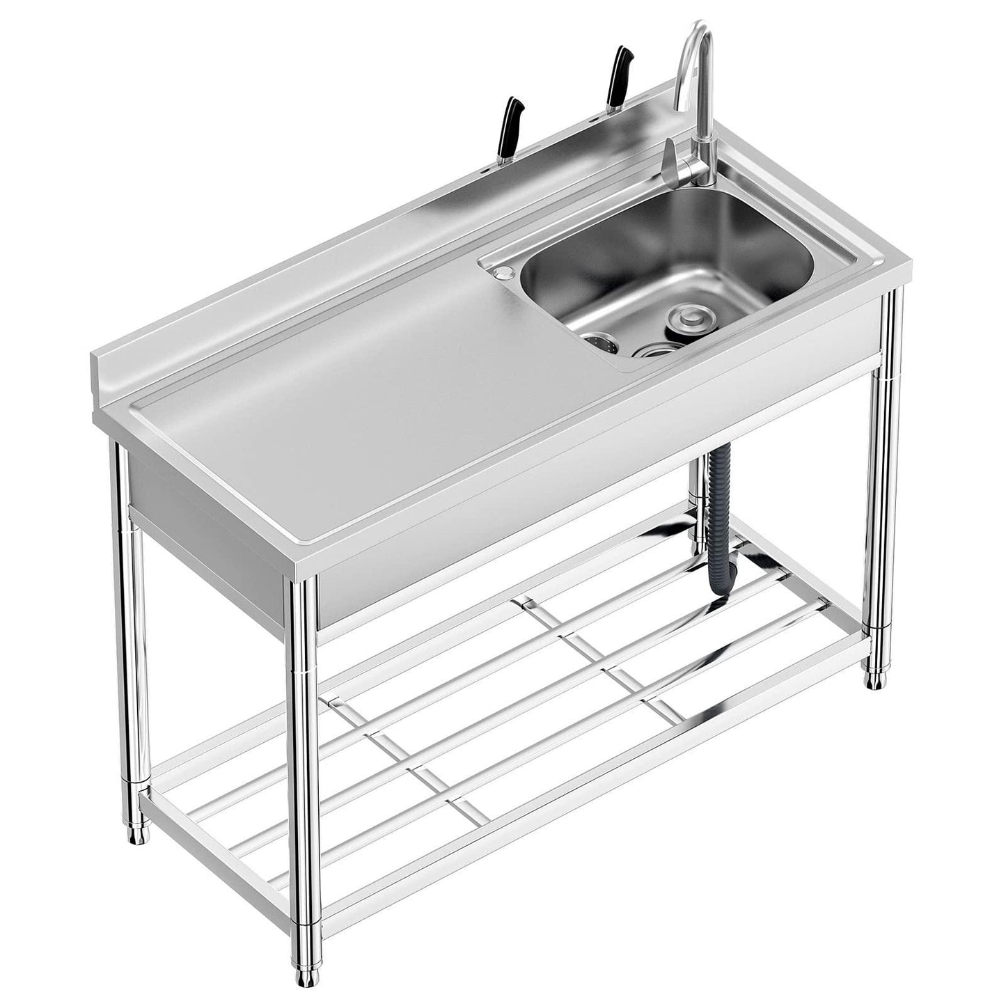 Free Standing Stainless-Steel Single Bowl, Commercial Restaurant Kitchen Sink Set w/Faucet & Drainboard, Prep & Utility Washing Hand Basin w/Workbench & Storage Shelves Indoor Outdoor (47in) - CookCave