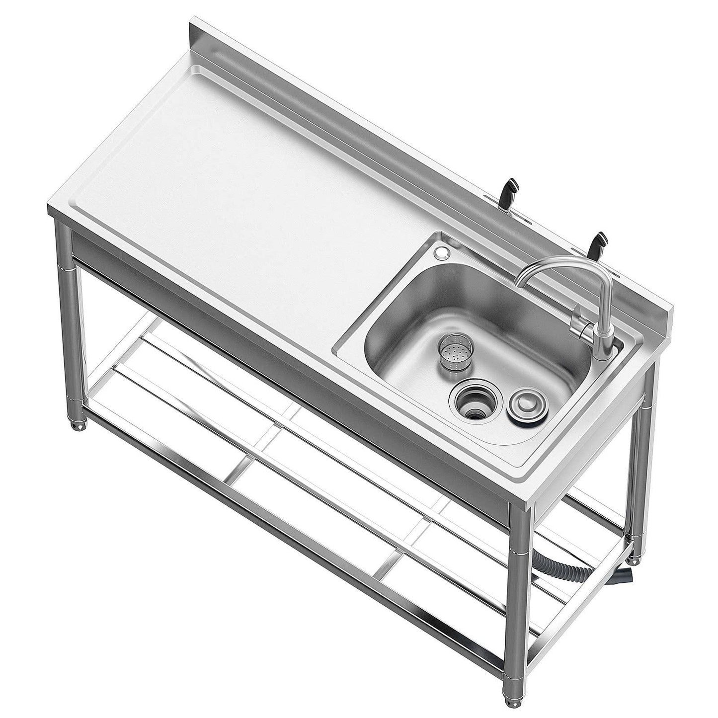 Free Standing Stainless-Steel Single Bowl, Commercial Restaurant Kitchen Sink Set w/Faucet & Drainboard, Prep & Utility Washing Hand Basin w/Workbench & Storage Shelves Indoor Outdoor (47in) - CookCave