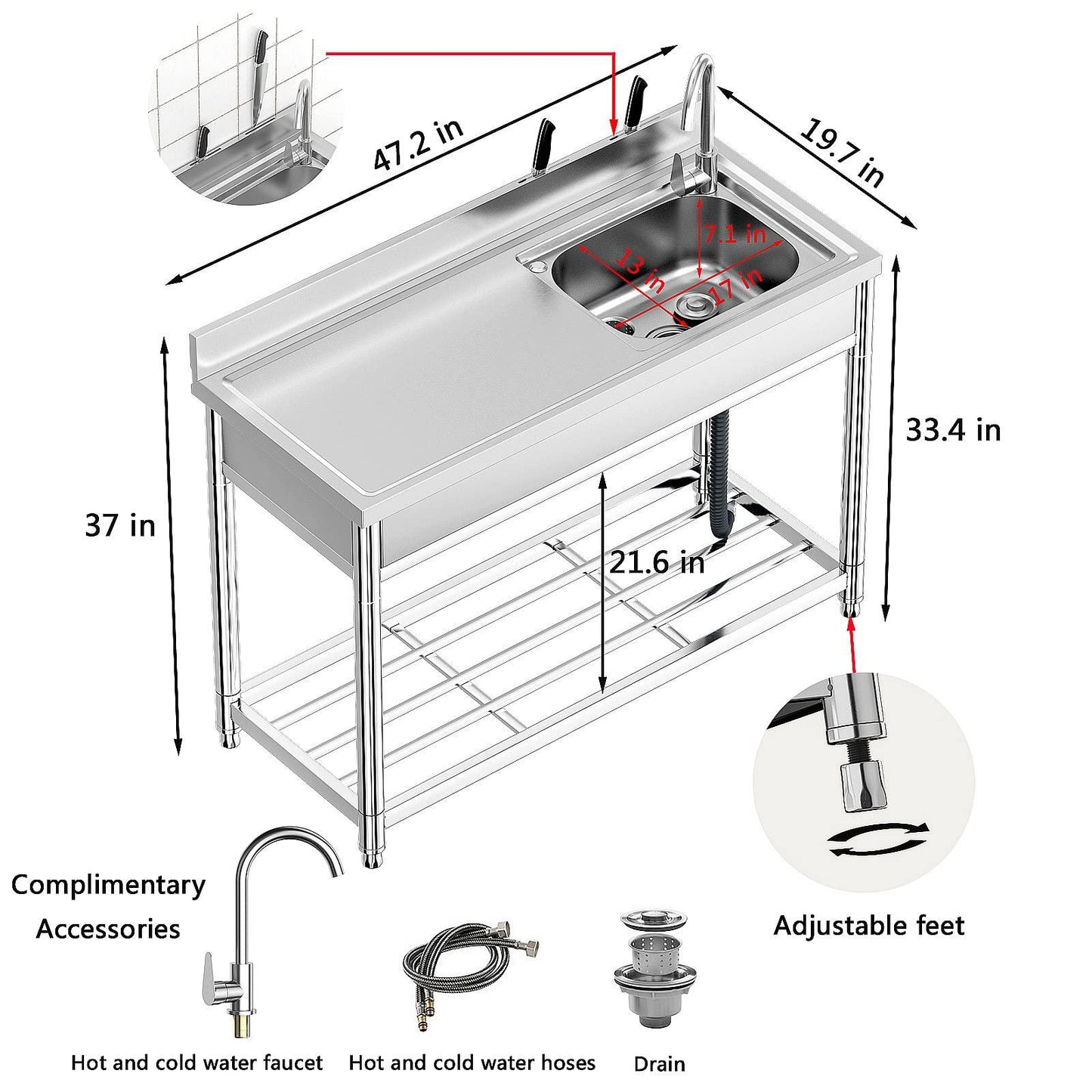 Free Standing Stainless-Steel Single Bowl, Commercial Restaurant Kitchen Sink Set w/Faucet & Drainboard, Prep & Utility Washing Hand Basin w/Workbench & Storage Shelves Indoor Outdoor (47in) - CookCave