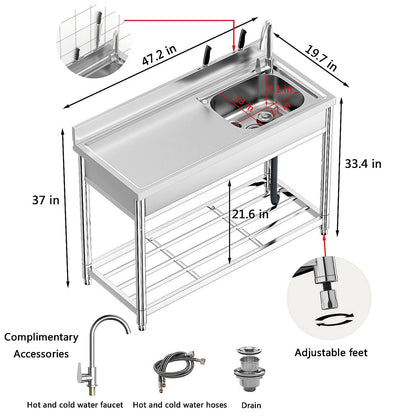 Free Standing Stainless-Steel Single Bowl, Commercial Restaurant Kitchen Sink Set w/Faucet & Drainboard, Prep & Utility Washing Hand Basin w/Workbench & Storage Shelves Indoor Outdoor (47in) - CookCave