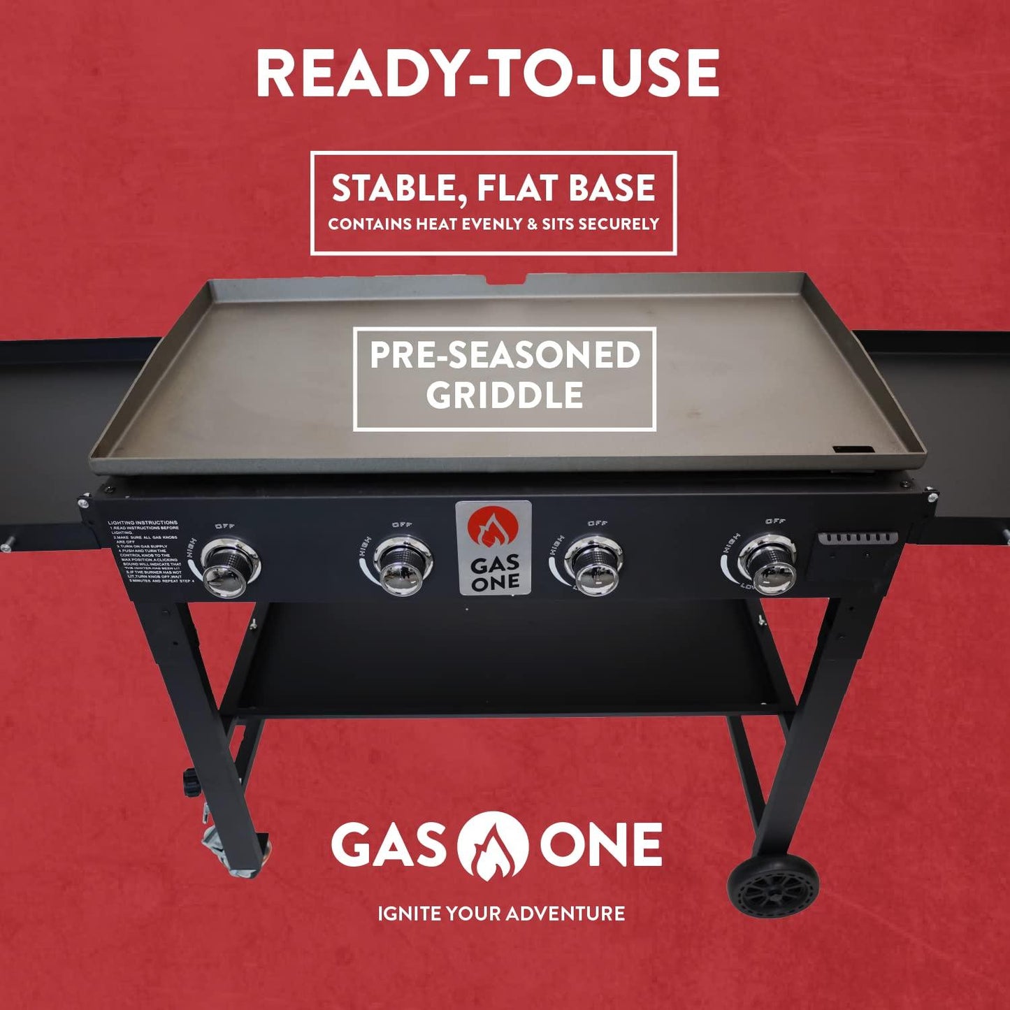 Gas One Propane Burner Grill–36-Inch Flat Top Grill Griddle Cooking Station–Foldable 4 Burner Propane Grill with Pre-Seasoned Griddle–Professional Burners for Outdoor Cooking with Side Shelves, Black - CookCave