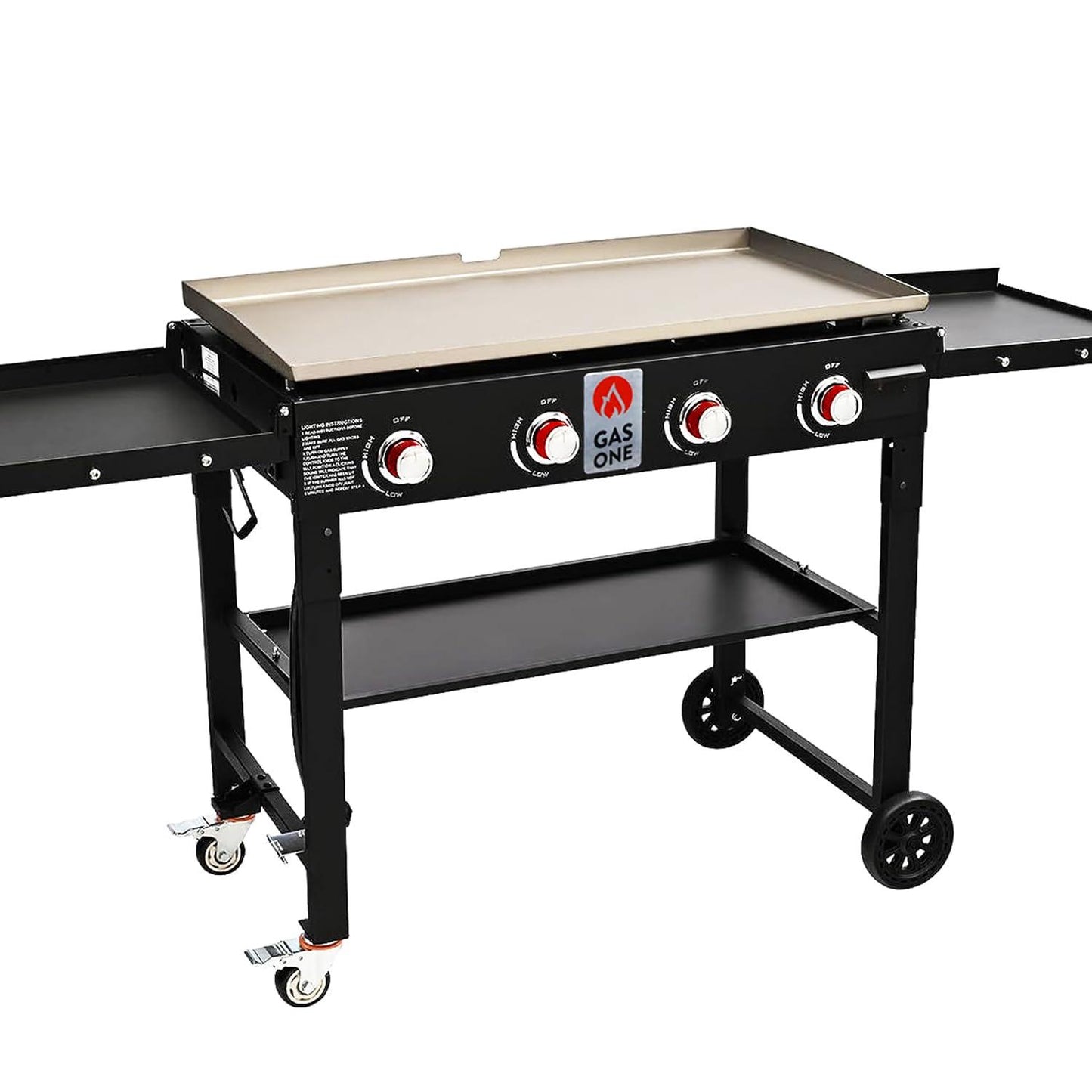 Gas One Propane Burner Grill–36-Inch Flat Top Grill Griddle Cooking Station–Foldable 4 Burner Propane Grill with Pre-Seasoned Griddle–Professional Burners for Outdoor Cooking with Side Shelves, Black - CookCave