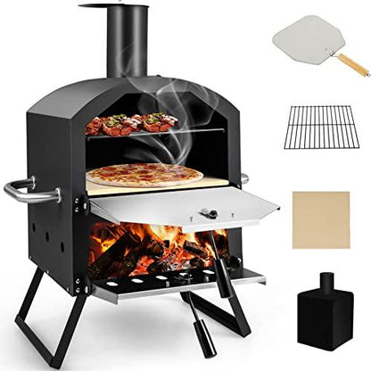 Giantex Outdoor Pizza Oven Wood Fired, 2-Layer Pizza Maker with Pizza Stone, Pizza Peel, Removable Cooking Rack, Waterproof Cover, Folding Legs, Outside Pizza Ovens for Camping Backyard BBQ (28 Inch) - CookCave