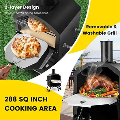 Giantex Outdoor Pizza Oven Wood Fired, 2-Layer Pizza Maker with Pizza Stone, Pizza Peel, Removable Cooking Rack, Waterproof Cover, Folding Legs, Outside Pizza Ovens for Camping Backyard BBQ (28 Inch) - CookCave